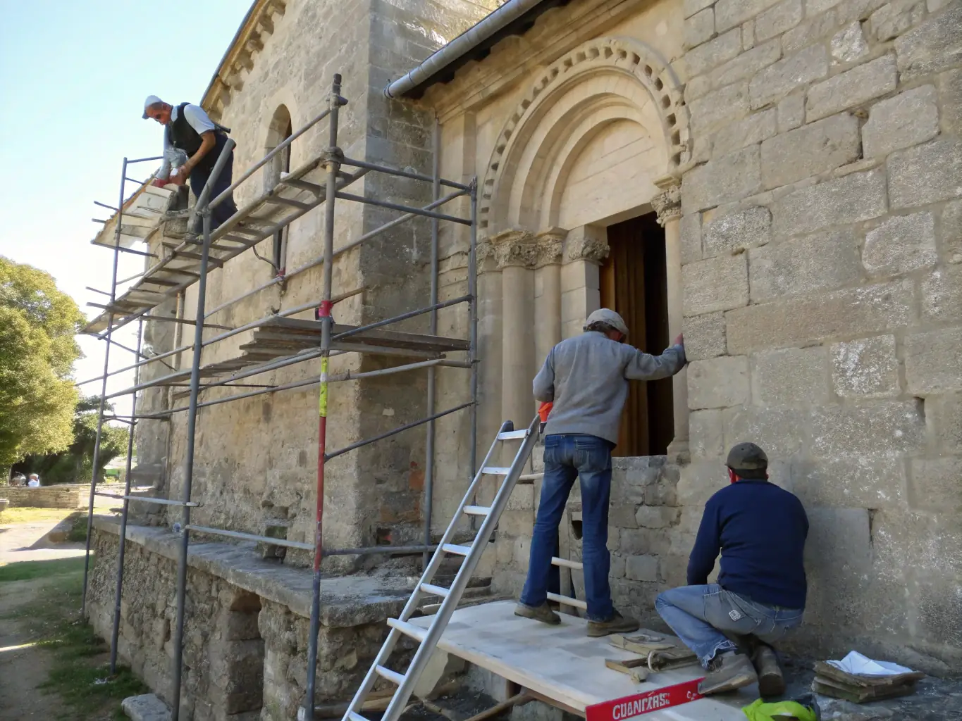 A photograph of volunteers working on a restoration project at the Chapel of the Trinity in Canihuel, showcasing their dedication to preserving the chapel's structure and historical integrity.
