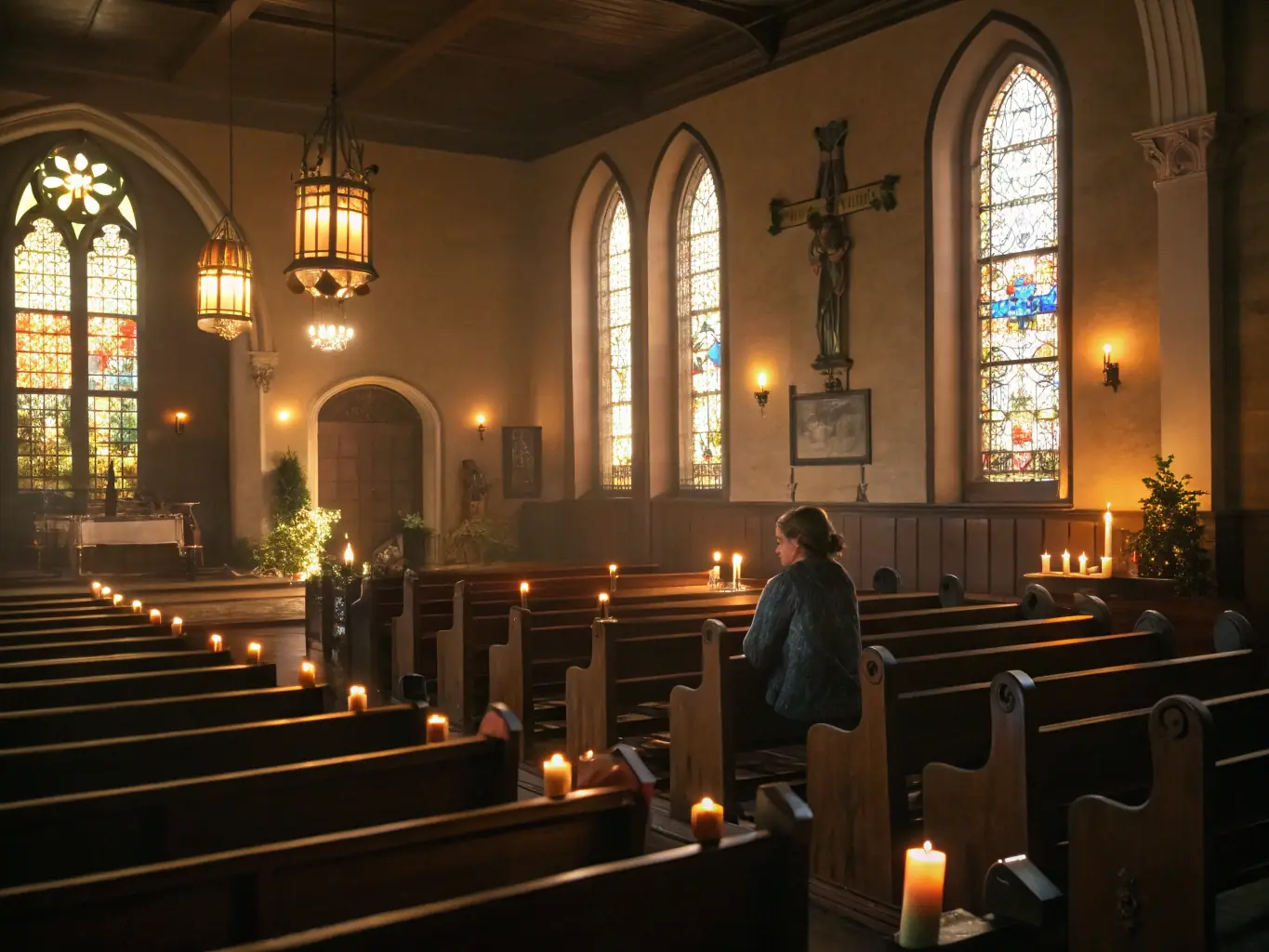 A photograph capturing a guided tour inside the Chapel of the Trinity in Canihuel, focusing on the guide explaining the historical significance of a specific architectural feature to a group of attentive visitors.