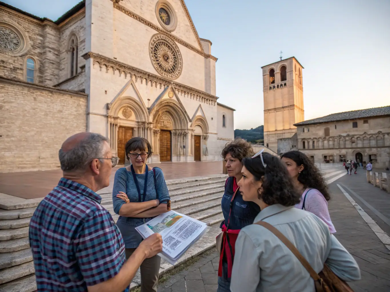 A group of visitors listening attentively to a guide in front of the historic chapel, with detailed architecture visible.